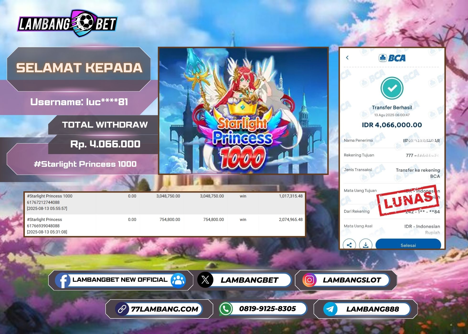 LAMBANGBET [13 AUGUST 2025] JACKPOT SLOT Starlight Princess 1000 "Rp4.066.000" LUNAS